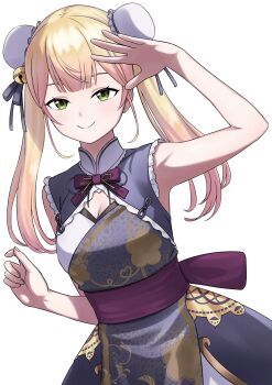 1girl arm_up bell blonde_hair bow breasts bun_cover center-flap_bangs chinese_clothes chinese_knot_border cleavage cleavage_cutout closed_mouth clothing_cutout commentary_request double_bun dress gradient_hair green_eyes hair_bun hair_ornament highres hololive long_hair looking_at_viewer momosuzu_nene momosuzu_nene_(jiangshi) multicolored_hair official_alternate_color official_alternate_costume official_alternate_hairstyle pink_hair purple_bow purple_dress rainna simple_background sleeveless sleeveless_dress smile solo standing twintails virtual_youtuber waist_bow white_background