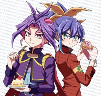 Rule 34 | 1boy, 1girl, back-to-back, blue hair, bow, bracelet, cake, cape, closed mouth, commentary request, cream, crepe, eating, food, fork, fruit, green eyes, hair between eyes, hair bow, high ponytail, holding, holding crepe, holding food, holding fork, jacket, jewelry, joeri (yu-gi-oh!), long hair, long sleeves, looking at viewer, lowres, mitsuya ls, multicolored hair, pink eyes, pink hair, ponytail, purple hair, purple jacket, red cape, red jacket, serena (yu-gi-oh!), short hair, strawberry, strawberry shortcake, too many watermarks, two-tone hair, upper body, watermark, yellow bow, yu-gi-oh!, yu-gi-oh! arc-v