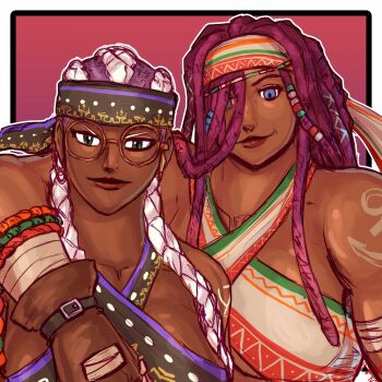 Rule 34 | 2girls, bikini, blue eyes, bodypaint, braid, breasts, dark-skinned female, dark skin, darli dagger, dolores (kof), dress, glasses, gold, grabbing another's breast, groping, hairband, headband, huge breasts, large breasts, long hair, looking at viewer, multicolored hair, multiple girls, purple hair, round eyewear, samurai spirits, smile, smiley face, swimsuit, tan, taurence bell, the king of fighters, two-tone hair, underboob, white hair