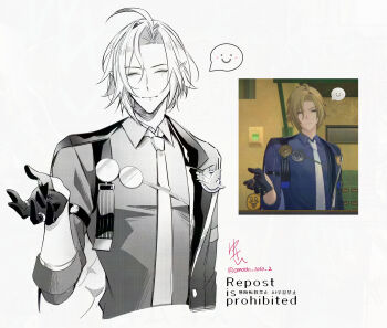 Rule 34 | 1boy, absurdres, ahoge, arm out of sleeve, bicep strap, black gloves, blonde hair, closed eyes, commentary request, cropped torso, game screenshot inset, gloves, gold ring, hair between eyes, half gloves, hand up, highres, hugo vlad, jewelry, lapel pin, male focus, mole, mole under eye, multiple rings, necktie, omochi 1010 2, pointy ears, purple shirt, reference inset, ring, shirt, signature, simple background, sleeves rolled up, smile, solo, spoken expression, twitter username, white background, zenless zone zero