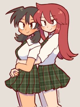 2girls alternate_costume black_hair blush breasts brown_eyes closed_mouth collared_shirt corrupted_twitter_file dark-skinned_female dark_skin ethan_(pokemon) genderswap genderswap_(mtf) green_skirt grey_background grey_eyes hair_between_eyes highres hug hug_from_behind long_hair looking_at_viewer low_twintails medium_breasts multiple_girls nintendo pleated_skirt pokemon pokemon_adventures red_hair school_uniform shirt short_hair short_sleeves short_twintails silver_(pokemon) simple_background skirt smile sofo_soup twintails unmoving_pattern white_shirt