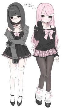 2girls arm_across_waist bare_shoulders black_bow black_dress black_eyes black_hair black_pantyhose black_shoes black_sweater blunt_bangs bow breasts brown_eyes cardigan cardigan_partially_removed choker cleavage collarbone cross dress fashion frilled_dress frills grey_cardigan hair_ornament hairclip hand_up highres lace lace-trimmed_skirt lace_trim leg_warmers long_hair looking_at_viewer medium_hair mole mole_under_mouth motsu_(timotimo451) multiple_girls off-shoulder_sweater off_shoulder original pantyhose pink_bow pink_hair pink_skirt pom_pom_(clothes) semi-rimless_eyewear shoes sidelocks simple_background skirt sleeve_bow sleeves_past_fingers sleeves_past_wrists small_breasts standing sweater swept_bangs thighhighs white_background white_leg_warmers white_thighhighs wishcore