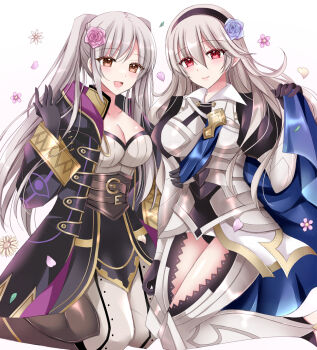 Rule 34 | 2girls, armor, black gloves, black hairband, black panties, black robe, blush, breasts, brown corset, brown eyes, cape, cleavage, cloak, closed mouth, collarbone, commentary request, corset, female corrin (fire emblem), female robin (fire emblem), fire emblem, fire emblem awakening, fire emblem fates, flower, gloves, grey hair, hair between eyes, hair flower, hair ornament, hairband, hood, hood down, hooded cloak, hooded robe, kirishima riona, large breasts, long hair, long sleeves, looking at viewer, medium breasts, multiple girls, nintendo, open mouth, panties, pants, pointy ears, red eyes, robe, smile, thighs, twintails, underwear, white hair, white pants