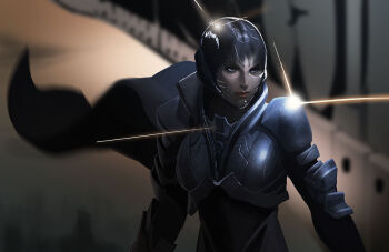 1girl alien armor blue_eyes cape dc_comics dc_extended_universe dccu faora_hu-ul female_focus full_armor kryptonian man_of_steel pixie_cut short_hair solo superman_(series)