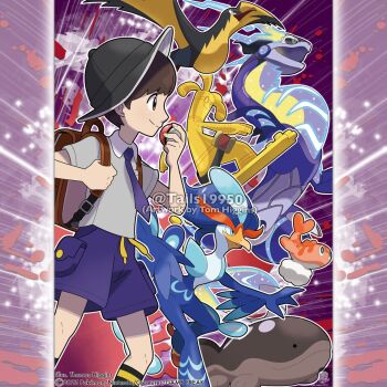 1boy aqua_eyes artist_name backpack bag bird black_hat black_sclera black_socks brown_bag brown_eyes brown_hair clodsire closed_mouth collared_shirt colored_sclera commentary company_name copyright_notice english_commentary florian_(pokemon) from_side gholdengo grey_shirt hat holding holding_poke_ball holding_strap instagram_username kilowattrel male_focus merchandise_available miraidon necktie nintendo non-humanoid_robot official_style open_mouth outline poke_ball poke_ball_(basic) pokemon pokemon_(creature) pokemon_sv purple_necktie purple_shorts quaquaval robot robot_dragon school_uniform shirt short_hair short_sleeves shorts smile socks split_mouth surfboard tatsugiri tatsugiri_(curly) tom_higgins uva_academy_school_uniform watermark white_outline