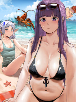 1boy 2girls absurdres animal bare_shoulders beach bikini black_bikini blunt_bangs blush breasts cleavage closed_mouth collarbone commentary contemporary devovas elf english_commentary eyewear_on_head fern_(sousou_no_frieren) frieren front-tie_bikini_top front-tie_top green_eyes highres large_breasts legs lobster long_hair multiple_girls narrow_waist navel ocean oversized_animal parted_bangs petite pointy_ears purple_eyes purple_hair sand selfie small_breasts sousou_no_frieren starfish stark_(sousou_no_frieren) sunglasses swimsuit topless_male