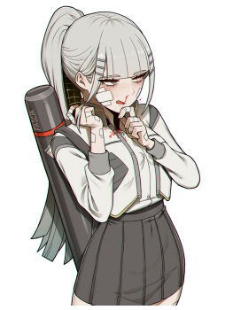 Rule 34 | 1girl, :d, albina (project moon), alternate species, black skirt, blood, blood on clothes, blunt bangs, collared jacket, contrapposto, eyelashes, gauze, gauze on cheek, gauze on hand, grey eyes, grey hair, hair behind ear, hand on own chin, hands up, high ponytail, highres, hime cut, humanization, jacket, limbus company, long hair, long sleeves, looking to the side, misg1111, nosebleed, open clothes, open jacket, open mouth, pleated skirt, ponytail, project moon, ringed eyes, shirt, sidelocks, skirt, smile, solo, tongue, tongue out, tsurime, undershirt, weapon, weapon on back, white background, white eyes, white jacket, white shirt, white sleeves