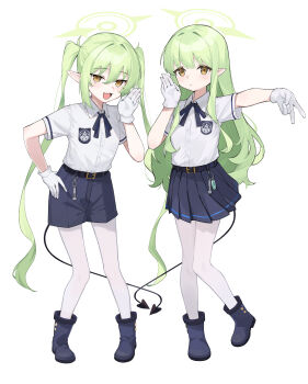 2girls absurdres black_tail blue_archive blue_skirt blush commentary demon_tail full_body gloves green_hair green_halo halo hand_on_own_hip hat highres hikari_(blue_archive) looking_at_viewer miniskirt multiple_girls nozomi_(blue_archive) open_mouth pantyhose peaked_cap pointy_ears shirt shoes short_sleeves siblings simple_background skirt smile standing symbol-only_commentary tail train_conductor twins v white_background white_gloves white_pantyhose white_shirt yellow_eyes yuk1_(nonon_yukiii)
