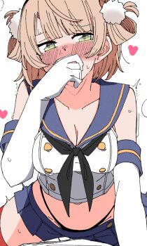 Rule 34 | 1girl, absurdres, black neckerchief, black panties, blue sailor collar, blue skirt, cosplay, crop top, elbow gloves, gloves, highleg, highleg panties, highres, indie virtual youtuber, kantai collection, looking at viewer, microskirt, neckerchief, panties, sailor collar, shigure ui (vtuber), shimakaze (kancolle), shimakaze (kancolle) (cosplay), skirt, spynai (klimatic), striped clothes, striped thighhighs, thighhighs, underwear, virtual youtuber, white background, white gloves