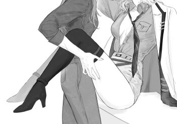 2girls between_legs chief_(path_to_nowhere) collared_shirt commentary female_chief_(path_to_nowhere) greyscale hand_on_another's_thigh highres jacket jacket_on_shoulders langley_(path_to_nowhere) long_hair mole mole_on_neck monochrome multiple_girls necktie pants path_to_nowhere shirt skirt sleeves_rolled_up symbol-only_commentary thighhighs thighs yuri zznuru