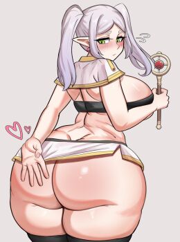 1girl ass ass_focus blush breasts butt_crack embarrassed frieren from_behind green_eyes highres huge_ass large_breasts long_hair looking_back looking_down miniskirt pointy_ears sideboob skirt solo sousou_no_frieren staff thick_thighs thighhighs thighs twintails white_hair ytrall