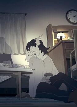 1girl animal_ears bed black_hair black_pants bookstore boots brown_boots brown_eyes buttons carpet chair clock closed_mouth commentary_request curtains dark desk desk_lamp dog_ears dog_girl feet_out_of_frame frown furry furry_female glass grey_shirt highres holding holding_stuffed_toy indoors lamp long_hair long_sleeves looking_at_object multicolored_hair night original pants pill sad scenery shirt shop snout solo stuffed_animal stuffed_rabbit stuffed_toy sweatpants table taracod two-tone_hair water white_hair