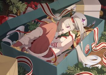 1girl backless_dress backless_outfit backless_sweater bare_shoulders box breasts cleavage cleavage_cutout clothing_cutout dress fang fang_out full_body game_cg gift gift_box grey_hair hair_flowing_over hair_ornament hair_scrunchie highres hip_vent in_box in_container knees_up knit_pantyhose large_breasts laru_(snowish)_(stella_sora) laru_(stella_sora) leg_warmers long_hair lying non-web_source official_art on_back pantyhose parted_bangs purple_eyes red_pantyhose red_scrunchie scrunchie skin_fang solo stella_sora sweater sweater_dress twintails very_long_hair white_dress white_leg_warmers white_sweater