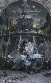2boys absurdres animal bare_tree bird black_boots black_gloves black_hair black_halo black_shirt black_swan_(bird) blonde_hair blood blood_on_flower blood_splatter blue_eyes boots border borrowed_character cloud commission expressionless feathered_wings flower fountain frilled_shirt frilled_sleeves frills full_body gloves hair_between_eyes halo hei_(ying_qian) highres holding holding_animal hug kneeling long_hair long_sleeves male_focus mihuashi_commission mrthersh multiple_boys on_ground original ornate_border outdoors overcast parted_lips rock rose shirt short_hair sitting sky sleeves_past_wrists spikes stab statue swan thigh_boots tree veil water white_boots white_flower white_rose white_shirt white_veil white_wings wings yellow_eyes yin_(ying_qian)