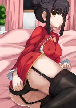 >:( 1girl absurdres arm_support ass black_hair black_panties black_thighhighs blunt_bangs blush braid breasts bun_with_braided_base cafe_stella_to_shinigami_no_chou china_dress chinese_clothes clenched_hand closed_mouth commentary covered_erect_nipples covering_ass covering_privates cowlick dress dress_tug eyes_visible_through_hair feet_out_of_frame floral_print floral_print_dress foreshortening frown garter_straps hair_bun highres indoors lace lace-trimmed_panties lace_trim large_breasts lingnerpoi long_sleeves looking_at_viewer lying medium_hair no_bra official_alternate_costume official_alternate_hairstyle on_bed on_side panties print_dress red_dress shiki_natsume short_dress sidelocks single_side_bun solo split_mouth thighhighs thighs underwear v-shaped_eyebrows yellow_eyes zettai_ryouiki