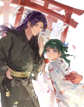 1boy 1girl animal_print beads black_kimono blue_eyes blue_ribbon blunt_bangs bun_cover candy_apple couple cowboy_shot fireworks fish_print food fox_mask freckles green_hair hair_beads hair_bun hair_ornament hair_ribbon half_updo hand_on_own_hip hetero highres holding holding_candy_apple holding_food holding_mask japanese_clothes jinshi_(kusuriya_no_hitorigoto) kimono kusuriya_no_hitorigoto looking_at_viewer maomao_(kusuriya_no_hitorigoto) mask parted_bangs parted_lips pink_eyes print_kimono purple_hair ribbon smile torii yuikisezu
