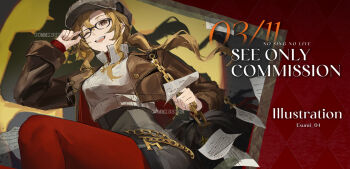 Rule 34 | 1girl, ;d, adjusting eyewear, bag, black-framed eyewear, black bag, brown eyes, brown hair, brown jacket, chinese commentary, commentary request, commission, english text, esumi zhong, feet out of frame, flying paper, glasses, grey hat, grey skirt, grey sweater, hand on eyewear, hand up, hat, highres, jacket, low ponytail, melania (reverse:1999), miniskirt, ms. acey, newsboy cap, one eye closed, open mouth, pantyhose, paper, ponytail, red background, red pantyhose, reverse:1999, shoulder bag, skirt, smile, solo, sweater, teeth, upper teeth only