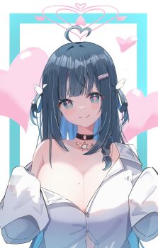 1girl absurdres ahoge amano_nene_(vtuber) amano_nene_(tenshi)_(vtuber) aqua_eyes bandaid bandaid_hair_ornament black_choker black_hair blush breasts button_gap choker closed_mouth commentary hair_ornament hair_rings halo heart heart-shaped_pupils heart_ahoge heart_halo highres huge_breasts indie_virtual_youtuber liyaku long_hair looking_at_viewer messy_hair mole mole_on_breast naked_shirt no_bra o-ring o-ring_choker off-shoulder_sweater off_shoulder oversized_clothes oversized_shirt partially_unbuttoned pink_halo shaded_face shirt side_up_ring single_bare_shoulder smile solo sweater symbol-shaped_pupils upper_body virtual_youtuber white_shirt wing_hair_ornament yandere