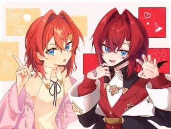 Rule 34 | 1girl, :o, ange katrina, ange katrina (1st costume), armpit crease, ayuko ammobium, bandaid, bandaid on hand, ben-day dots, black coat, black mask, black ribbon, blue eyes, booo! (vocaloid), border, calendar (object), cardigan, claw pose, coat, collared dress, commentary request, crossed bandaids, crossed bangs, dress, erlenmeyer flask, facial mark, fangs, flask, food, gradient eyes, grey background, hair between eyes, hair intakes, hair ornament, hand up, hands up, heart, heart facial mark, heart ring, highres, index finger raised, jacket, jewelry, light blush, long sleeves, looking at viewer, mask, mask pull, medium hair, mouth mask, multicolored eyes, multiple rings, multiple views, neck ribbon, nijisanji, off shoulder, official alternate costume, open clothes, open jacket, orange background, outside border, pink eyes, pink jacket, pudding, red background, red cardigan, red hair, ribbon, ring, screentones, sleeveless, sleeveless dress, smile, speech bubble, spoken squiggle, squiggle, teeth, triangle hair ornament, twitter username, vampire (vocaloid), virtual youtuber, white border, white dress