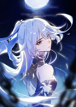 Rule 34 | 1girl, absurdres, blue hair, blue ribbon, breasts, chain, closed mouth, clothing cutout, collar, commentary request, detached sleeves, dress, earrings, flower, hair ornament, highres, honkai: star rail, honkai (series), jewelry, jingliu (honkai: star rail), long hair, moonlight, red eyes, ribbon, single earring, taiqinglanlanlan, very long hair, white hair