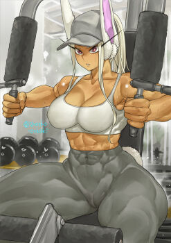 1girl abs animal_ears baseball_cap black_hat boku_no_hero_academia bra breasts cameltoe cleavage dark-skinned_female dark_skin exercising gym hat highres large_breasts long_hair mirko muscular muscular_female ponytail rabbit_ears rabbit_girl rabbit_tail red_eyes shosho_oekaki sidelocks sitting skin_tight solo sports_bra sweat thick_thighs thighs underwear white_bra white_hair