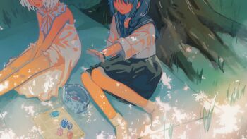 2girls :d absurdres amemori_sayo_(2nd_costume) black_hair black_sailor_collar black_skirt braid dress grass highres kudou_chitose kudou_chitose_(1st_costume) long_hair multiple_girls nijisanji no_eyes open_mouth outdoors picnic_basket picnic_blanket pleated_skirt sailor_collar sawayaka_(swyk_a4) school_uniform serafuku shirt short_hair sitting skirt sleeveless sleeveless_dress smile twin_braids virtual_youtuber white_dress white_hair white_shirt