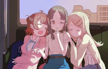 3girls absurdres ahoge bag belt black_belt blonde_hair blouse blue_bag blue_ribbon blue_skirt breasts brown_belt brown_eyes brown_hair building camisole cardigan closed_eyes closed_mouth colored_eyelashes drooling edwardlo311 elbow_carry evening finger_to_mouth flipped_hair gakuen_idolmaster girl_sandwich grey_robe hair_ornament hair_rings hairclip hanami_ume hand_grip hand_on_another's_shoulder handbag hashtag-only_commentary hatsuboshi_gakuen_school_uniform high-waist_skirt highres idolmaster index_finger_raised kuramoto_china leaning_on_person long_hair long_sleeves looking_at_viewer medium_breasts mouth_drool multiple_girls neck_ribbon one_eye_closed open_clothes open_mouth open_robe parallel_hairclips parted_bangs pink_cardigan red_bag ribbon robe rope_belt sandwiched school_bag school_uniform shinosawa_hiro shirt short_hair short_sleeves shushing side_up_ring sidelighting sitting skirt sleeping sleeping_on_person sleeping_upright small_breasts smile train_interior upper_body white_camisole white_shirt wide_sleeves window