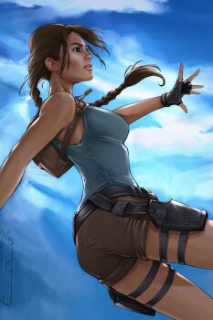 1girl backpack bag black_gloves blue_tank_top braid braided_ponytail breasts brown_bag brown_eyes brown_hair brown_shorts fingerless_gloves gloves highres holster illyne_cosplay jewelry lara_croft long_hair medium_breasts necklace short_shorts shorts solo tank_top thigh_holster tomb_raider