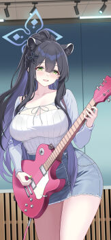 1girl :d absurdres animal_ear_fluff animal_ears black_hair blue_archive blue_halo blunt_bangs breasts cleavage collarbone commentary cutoffs denim denim_skirt electric_guitar extra_ears green_eyes grey_jacket guitar hair_between_eyes hair_ornament halo highres holding holding_guitar holding_instrument holding_plectrum instrument jacket jamgom large_breasts light_blush long_hair long_sleeves looking_at_viewer miniskirt official_alternate_costume open_mouth playing_instrument plectrum ribbed_shirt shirt shun_(blue_archive) sidelocks skirt smile solo standing strapless strapless_shirt tiger_ears tiger_girl white_shirt