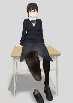 1girl absurdres black_eyes black_hair blush desk feet glasses highres loafers long_hair looking_at_viewer michimichi pantyhose parted_lips school_desk school_uniform shoes soles steam toes unworn_shoes