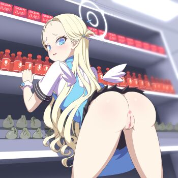 1girl absurdres angel angel_wings anus apron ass black_skirt blonde_hair blue_apron blue_archive blue_eyes blue_nails blush ceiling ceiling_light cleft_of_venus clitoral_hood clitoris condom_box cowboy_shot cromachina explosive from_behind grenade hair_ribbon halo hand_grenade highres indoors leaning_forward loli long_hair looking_at_viewer looking_back microskirt nail_polish no_panties open_mouth parted_bangs pleated_skirt public_indecency pussy ribbon shelf shirt short_sleeves skirt smile solo sora_(blue_archive) standing uncensored white_shirt wings