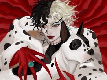 101_dalmatians 1girl ashva black_hair blonde_hair claws coat cosplay crossover cruella_de_vil cruella_de_vil_(cosplay) danny_(jojo) dio_brando dog eyelashes fur_coat genderswap genderswap_(mtf) gloves highres jewelry jojo_no_kimyou_na_bouken licking_lips looking_at_viewer makeup medium_hair multicolored_hair phantom_blood red_background red_eyes red_gloves red_lips ring slit_pupils stitches tongue tongue_out two-tone_hair upper_body