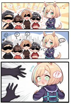 Rule 34 | !?, 1girl, 4boys, absurdres, anger vein, angry, animal ears, asdkd123, black choker, black shirt, blonde hair, blush, brown hair, brown pants, brown shirt, choker, clenched teeth, commentary request, commission, crying, crying with eyes open, ear piercing, green eyes, hands in pockets, heart, heart in mouth, highres, horse ears, horse girl, horse tail, little cocon (umamusume), multiple boys, no eyes, open mouth, pants, piercing, reaching, reaching towards another, red shirt, shirt, short hair, spoken heart, t-shirt, tail, tears, teeth, umamusume