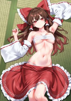 1girl absurdres armpits bow breasts brown_hair chest_sarashi detached_sleeves frilled_bow frilled_hair_tubes frills hair_bow hair_tubes hakurei_reimu highres leo23 long_hair looking_at_viewer medium_breasts navel panties red_eyes red_skirt sarashi skirt solo stomach touhou underwear white_panties white_sleeves