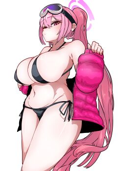Rule 34 | 1girl, aaa0aaasu, absurdres, bikini, black bikini, blue archive, breasts, commentary request, cowboy shot, eimi (blue archive), eimi (swimsuit) (blue archive), expressionless, goggles, goggles on head, halo, highres, huge breasts, jacket, long hair, looking at viewer, navel, pink eyes, pink hair, pink halo, pink jacket, ponytail, side-tie bikini bottom, simple background, solo, stomach, swimsuit, white background