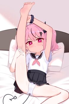 1girl :/ barefoot black_sailor_collar black_skirt cameltoe commentary demon_girl demon_horns demon_tail english_commentary highres horns loli looking_at_viewer neckerchief on_bed original panties pink_hair pink_neckerchief pleated_skirt red_eyes sailor_collar shirt skirt solo sseopik tail underwear white_panties white_shirt