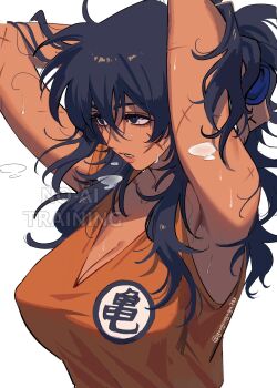 1girl arms_up black_eyes black_hair breasts cleavage commentary dark-skinned_female dark_skin dizim dougi dragon_ball dragonball_z genderswap genderswap_(mtf) highres looking_to_the_side messy_hair muscular muscular_female parted_lips scar simple_background solo sweat tying_hair watermark white_background yamcha