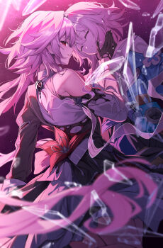 Rule 34 | 2girls, absurdres, asymmetrical dress, back cutout, black dress, black gloves, blue jacket, closed eyes, clothing cutout, commentary request, dress, evernight (honkai: star rail), face-to-face, flower ornament, glass shards, gloves, hand on another's face, highres, honkai: star rail, honkai (series), jacket, kiro (kirotayu), long hair, looking at viewer, looking back, march 7th (honkai: star rail), march 7th (preservation) (honkai: star rail), multiple girls, parted lips, pink hair, red eyes, shirt, single bare shoulder, single off shoulder, tied jacket, white shirt