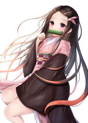 Rule 34 | 1girl, absurdres, bit gag, black hair, blush, brown cloak, checkered clothes, clenched hand, cloak, coat, commentary request, covered mouth, dress, gag, hair ribbon, highres, invisible chair, japanese clothes, kamado nezuko, kimetsu no yaiba, kimono, long hair, looking at viewer, orange hair, pink dress, pink kimono, pink ribbon, ribbon, saki (saki paint), sitting, solo, white background