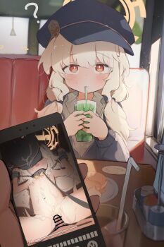 1boy 1girl ? aoba_(blue_archive) bar_censor bdsm bendy_straw blindfold blonde_hair blue_archive blush bondage bondage_cuffs bound cellphone cellphone_photo censored collar covered_eyes cum cum_on_body cup drink drinking drinking_glass drinking_straw drinking_straw_in_mouth flat_chest food halo hat hetero holding holding_cup holding_phone indoors jacket leash loli long_hair long_sleeves looking_at_viewer low_twintails navel nude open_mouth penis phone pov red_eyes restaurant restrained sex shinkaiobake slave smartphone solo_focus table twintails vaginal yellow_halo