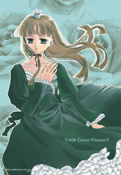 Rule 34 | 1girl, artist name, back bow, bad id, bell sleeves, bow, brown hair, closed mouth, collarbone, crown, dated, dress, feet out of frame, floating hair, floral background, frilled dress, frilled skirt, frills, green background, green bow, green dress, green eyes, halftone, halftone background, hand up, kairi (open your eyes), layered dress, long dress, long hair, mini crown, mini tiara, original, purple ribbon, ribbon, silver tiara, skirt, solo, standing, tiara