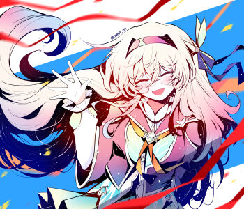 1girl absurdres black_hairband black_jacket blush closed_eyes dress electronduck firefly_(honkai:_star_rail) green_dress grey_hair hair_between_eyes hair_ornament hairband highres honkai:_star_rail honkai_(series) jacket long_hair long_sleeves neckerchief open_mouth orange_neckerchief smile solo twitter_username upper_body very_long_hair