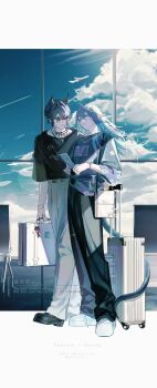 Rule 34 | 1boy, 1girl, absurdres, animal ears, arknights, black pants, black shirt, black shoes, blue hair, blue sky, chair, cloud, commentary request, day, floating hair, glasses, grey pants, grey shirt, hair between eyes, highres, holding, kiri (pyonta), long hair, long sleeves, pants, phantom (arknights), pointy ears, rolling suitcase, shalem (arknights), shirt, shoes, sky, suitcase, sunglasses, tail, unworn eyewear, watermark, white shoes, wide sleeves, window