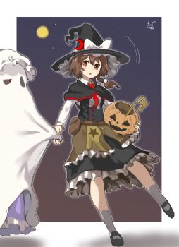 2girls apron bag black_capelet black_footwear black_hat black_vest bow braid brown_apron brown_eyes brown_hair buttons capelet commentary_request cosplay crescent crescent_hat_ornament dress frilled_apron frilled_dress frilled_hat frilled_skirt frills full_body hair_bow halloween hat hat_bow hat_ornament highres holding holding_hands jack-o&#039;-lantern kirisame_marisa kirisame_marisa_(cosplay) long_sleeves maribel_hearn mary_janes mob_cap moon multiple_girls necktie night open_mouth pumpkin purple_dress red_capelet red_necktie shadow sheet_ghost shirt shoes signature single_braid skirt socks standing standing_on_one_leg touhou two-tone_capelet undefined_fantastic_object usami_renko vest waist_apron wand white_bow white_shirt white_socks witch_hat yanotsuki18