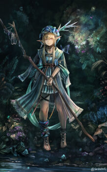 1girl absurdres ankle_wrap anklet antlers aqua_dress barefoot blonde_hair blue_turban bracelet bug butterfly commentary_request dress elf flower footwear_request frilled_thigh_strap full_body grass hair_over_shoulder highres holding holding_staff horns insect jewelry long_hair long_pointy_ears looking_at_viewer low_twintails mage_staff nail_polish nature necklace original pink_nails pointy_ears purple_eyes short_sleeves single_antler solo staff standing sushi_(sashimise) thigh_strap toenail_polish toenails turban twintails twitter_username water
