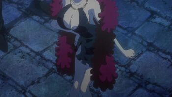 Rule 34 | animated, anime screenshot, audible speech, bare legs, black dress, blush, bouncing breasts, breasts, carina (one piece), cleavage, collarbone, curvy, dress, feather boa, flower, hair flower, hair ornament, high heels, huge breasts, japanese audio, one piece, one piece film: gold, purple hair, rose, short dress, short hair, smile, sound, tagme, thighs, video, wide hips