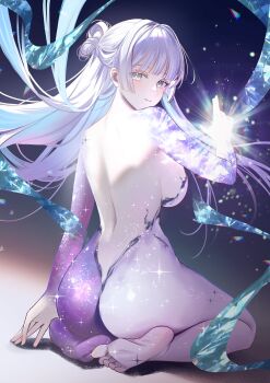 1girl absurdres ass back backboob backless_outfit bodysuit breasts from_behind goddess_of_victory:_nikke grey_eyes highres kimright0 large_breasts long_hair multicolored_bodysuit nayuta_(nikke) nayuta_(wu_wei)_(nikke) official_alternate_costume seiza sitting soles solo space_skin split-color_clothes toes two-tone_bodysuit unusually_open_eyes very_long_hair water_sleeves white_hair