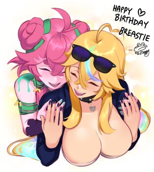 2girls ahoge arielle_(vtuber) bad_link blonde_hair breast_focus breasts choker cleavage closed_eyes colored_skin eyewear_on_head froggyloch froggyloch_(vtuber) green_nails hair_bun happy_birthday highres hug huge_breasts indie_virtual_youtuber large_breasts laughing multicolored_hair multiple_girls open_mouth pink_hair pink_skin pointy_ears rainbow_hair smile strapless sunglasses tube_top virtual_youtuber white_background yuri