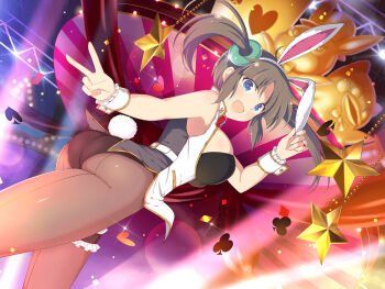1girl animal_ears armpits artificial_light artist_request ass belt black_corset blue_eyes breasts brown_hair corset fake_animal_ears fang large_breasts marvelous minori_(senran_kagura) official_art open_mouth pantyhose playboy_bunny poker rabbit_ears senran_kagura smile twintails v vest wrist_cuffs