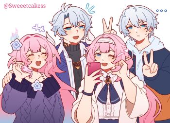 2boys ahoge blue_eyes coat commentary commission company_connection cyrene_(honkai:_star_rail) cyrene_(ripples_of_past_reverie)_(honkai:_star_rail) elf elysia_(honkai_impact) flower hair_flower hair_ornament hairband half-heart_hands highres hino_satoshi holding holding_phone honkai:_star_rail honkai_(series) honkai_impact_3rd inoue_marina jacket kevin_kaslana long_hair multicolored_jacket multiple_boys nail_polish open_mouth phainon_(honkai:_star_rail) phone pointy_ears purple_jacket purple_sweater shirt short_hair sweater sweeetcakess twitter_username two-tone_jacket v v_over_head very_long_hair voice_actor_connection white_coat white_hair white_hairband white_shirt yanning
